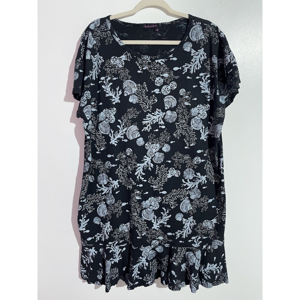 Vtg Fresh Produce Dress 1X Lagenlook Lounge Beachy Fish Coral Coastal Tropical